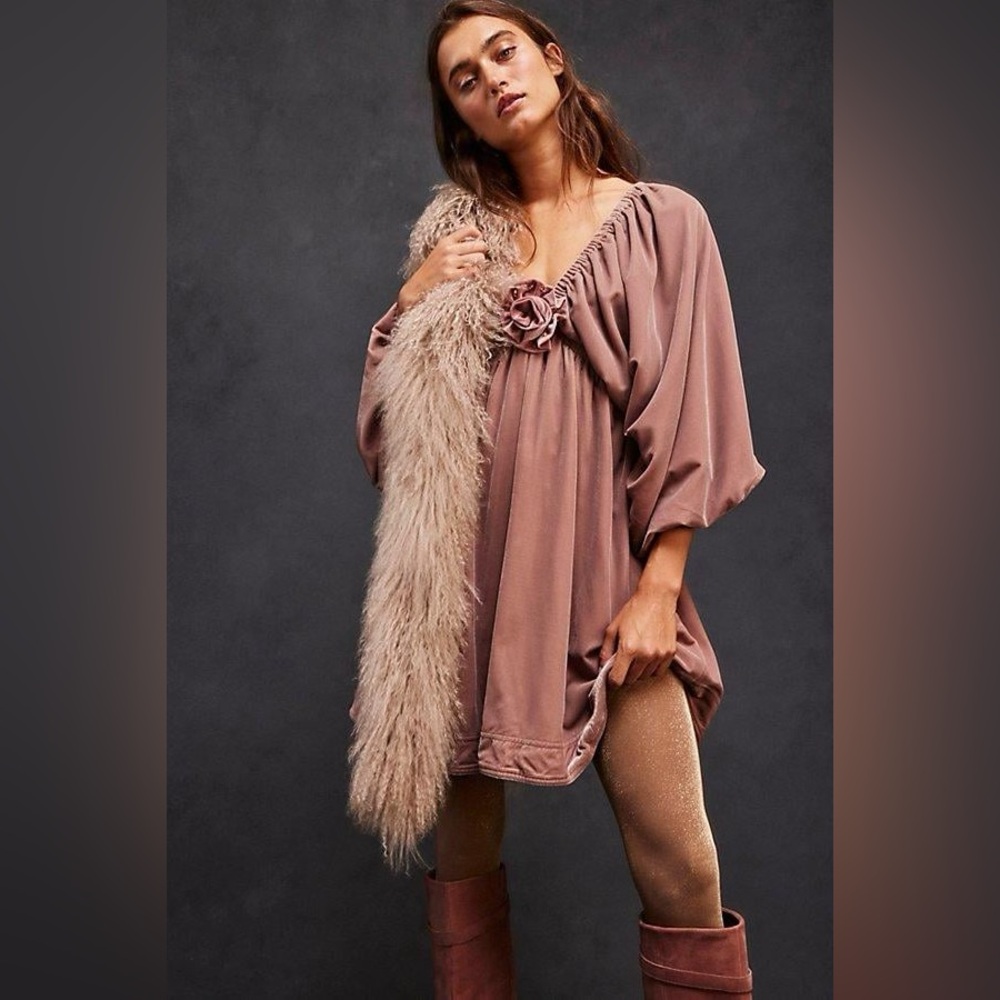 NWT Free People Portia Velvet Mini Dress in Winterbloom Puff Sleeve Empire Waist - Picture 5 of 5